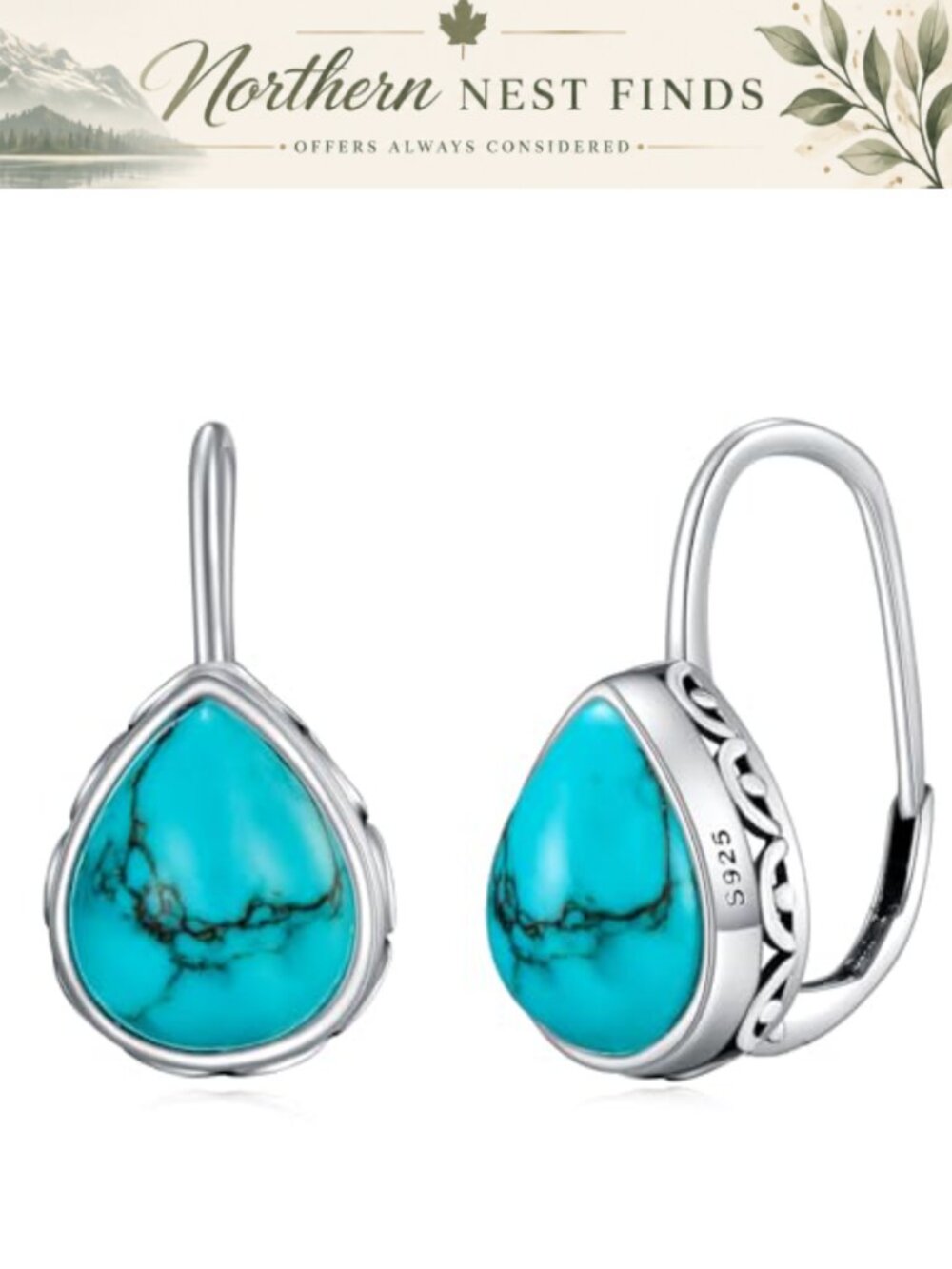 925 Sterling Silver Turquoise Leverback Earrings Vintage 20mm Women